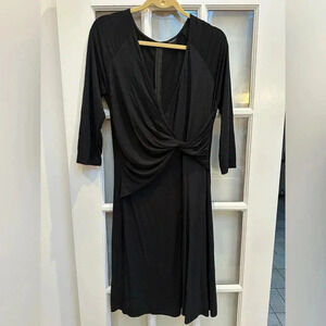 Ann Taylor Black 3/4 Length Sleeves Faux Wrap Knot Front Dress Size Medium M